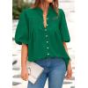 imagePRETTYGARDEN Womens 2026 Summer Short Lantern Sleeve Tops Loose Fit Button Down Shirt Pleated V Neck Blouses Trendy ClothesGreen