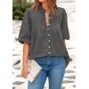 imagePRETTYGARDEN Womens 2026 Summer Short Lantern Sleeve Tops Loose Fit Button Down Shirt Pleated V Neck Blouses Trendy ClothesGrey