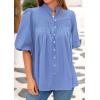 imagePRETTYGARDEN Womens 2026 Summer Short Lantern Sleeve Tops Loose Fit Button Down Shirt Pleated V Neck Blouses Trendy ClothesLight Blue