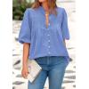 imagePRETTYGARDEN Womens 2026 Summer Short Lantern Sleeve Tops Loose Fit Button Down Shirt Pleated V Neck Blouses Trendy ClothesLight Blue