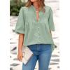 imagePRETTYGARDEN Womens 2026 Summer Short Lantern Sleeve Tops Loose Fit Button Down Shirt Pleated V Neck Blouses Trendy ClothesLight Green