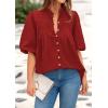 imagePRETTYGARDEN Womens 2026 Summer Short Lantern Sleeve Tops Loose Fit Button Down Shirt Pleated V Neck Blouses Trendy ClothesRed