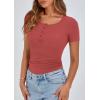 imagePRETTYGARDEN Womens 2026 Summer Short Sleeve Tops Ribbed Henley Button Slim Fit Basic Casual T Shirts Blouse Fashion ClothingCoral Red