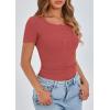 imagePRETTYGARDEN Womens 2026 Summer Short Sleeve Tops Ribbed Henley Button Slim Fit Basic Casual T Shirts Blouse Fashion ClothingCoral Red
