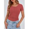 imagePRETTYGARDEN Womens 2026 Summer Short Sleeve Tops Ribbed Henley Button Slim Fit Basic Casual T Shirts Blouse Fashion ClothingCoral Red