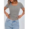 imagePRETTYGARDEN Womens 2026 Summer Short Sleeve Tops Ribbed Henley Button Slim Fit Basic Casual T Shirts Blouse Fashion ClothingGrey