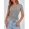 imagePRETTYGARDEN Womens 2026 Summer Short Sleeve Tops Ribbed Henley Button Slim Fit Basic Casual T Shirts Blouse Fashion ClothingGrey