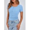 imagePRETTYGARDEN Womens 2026 Summer Short Sleeve Tops Ribbed Henley Button Slim Fit Basic Casual T Shirts Blouse Fashion ClothingLight Blue