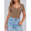 imagePRETTYGARDEN Womens 2026 Summer Short Sleeve Tops Ribbed Henley Button Slim Fit Basic Casual T Shirts Blouse Fashion ClothingLight Brown