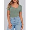 imagePRETTYGARDEN Womens 2026 Summer Short Sleeve Tops Ribbed Henley Button Slim Fit Basic Casual T Shirts Blouse Fashion ClothingLight Green