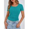 imagePRETTYGARDEN Womens 2026 Summer Short Sleeve Tops Ribbed Henley Button Slim Fit Basic Casual T Shirts Blouse Fashion ClothingMalachite Green