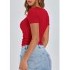 imagePRETTYGARDEN Womens 2026 Summer Short Sleeve Tops Ribbed Henley Button Slim Fit Basic Casual T Shirts Blouse Fashion ClothingRed
