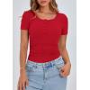 imagePRETTYGARDEN Womens 2026 Summer Short Sleeve Tops Ribbed Henley Button Slim Fit Basic Casual T Shirts Blouse Fashion ClothingRed