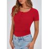 imagePRETTYGARDEN Womens 2026 Summer Short Sleeve Tops Ribbed Henley Button Slim Fit Basic Casual T Shirts Blouse Fashion ClothingRed