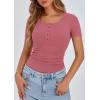 imagePRETTYGARDEN Womens 2026 Summer Short Sleeve Tops Ribbed Henley Button Slim Fit Basic Casual T Shirts Blouse Fashion ClothingRose Pink