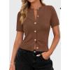 imagePRETTYGARDEN Womens Casual Summer Short Sleeve Cardigans 2026 Button Down Knitted Sweater Basic Crew Neck Crop TopsBrown