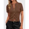 imagePRETTYGARDEN Womens Casual Summer Short Sleeve Cardigans 2026 Button Down Knitted Sweater Basic Crew Neck Crop TopsBrown