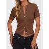 imagePRETTYGARDEN Womens Casual Summer Short Sleeve Cardigans 2026 Button Down Knitted Sweater Basic Crew Neck Crop TopsBrown