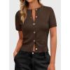 imagePRETTYGARDEN Womens Casual Summer Short Sleeve Cardigans 2026 Button Down Knitted Sweater Basic Crew Neck Crop TopsDark Brown