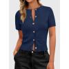 imagePRETTYGARDEN Womens Casual Summer Short Sleeve Cardigans 2026 Button Down Knitted Sweater Basic Crew Neck Crop TopsNavy Blue