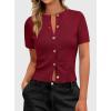 imagePRETTYGARDEN Womens Casual Summer Short Sleeve Cardigans 2026 Button Down Knitted Sweater Basic Crew Neck Crop TopsWine Red