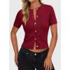 imagePRETTYGARDEN Womens Casual Summer Short Sleeve Cardigans 2026 Button Down Knitted Sweater Basic Crew Neck Crop TopsWine Red