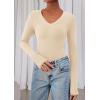 imagePRETTYGARDEN Womens Long Sleeve T Shirts 2026 Fall Trendy Deep V Neck Slim Fit Basic Crop Tops Casual Going Out TopBeige