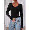 imagePRETTYGARDEN Womens Long Sleeve T Shirts 2026 Fall Trendy Deep V Neck Slim Fit Basic Crop Tops Casual Going Out TopBlack