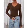 imagePRETTYGARDEN Womens Long Sleeve T Shirts 2026 Fall Trendy Deep V Neck Slim Fit Basic Crop Tops Casual Going Out TopBrown