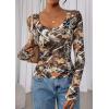 imagePRETTYGARDEN Womens Long Sleeve T Shirts 2026 Fall Trendy Deep V Neck Slim Fit Basic Crop Tops Casual Going Out TopKhaki Floral