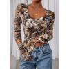 imagePRETTYGARDEN Womens Long Sleeve T Shirts 2026 Fall Trendy Deep V Neck Slim Fit Basic Crop Tops Casual Going Out TopKhaki Floral
