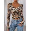 imagePRETTYGARDEN Womens Long Sleeve T Shirts 2026 Fall Trendy Deep V Neck Slim Fit Basic Crop Tops Casual Going Out TopKhaki Floral