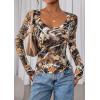imagePRETTYGARDEN Womens Long Sleeve T Shirts 2026 Fall Trendy Deep V Neck Slim Fit Basic Crop Tops Casual Going Out TopKhaki Floral