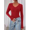 imagePRETTYGARDEN Womens Long Sleeve T Shirts 2026 Fall Trendy Deep V Neck Slim Fit Basic Crop Tops Casual Going Out TopRed