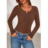 imagePRETTYGARDEN Womens Long Sleeve Tops 2026 Spring Fashion Clothes Henley Shirts Slim Fitted Ribbed Tees Blouses Fall OutfitsBrown