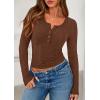 imagePRETTYGARDEN Womens Long Sleeve Tops 2026 Spring Fashion Clothes Henley Shirts Slim Fitted Ribbed Tees Blouses Fall OutfitsBrown
