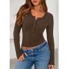 imagePRETTYGARDEN Womens Long Sleeve Tops 2026 Spring Fashion Clothes Henley Shirts Slim Fitted Ribbed Tees Blouses Fall OutfitsCoffee