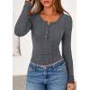 imagePRETTYGARDEN Womens Long Sleeve Tops 2026 Spring Fashion Clothes Henley Shirts Slim Fitted Ribbed Tees Blouses Fall OutfitsGrey