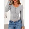 imagePRETTYGARDEN Womens Long Sleeve Tops 2026 Spring Fashion Clothes Henley Shirts Slim Fitted Ribbed Tees Blouses Fall OutfitsLight Grey