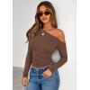 imagePRETTYGARDEN Womens Off Shoulder Long Sleeve Shirts 2026 Fall Ruched Fitted Asymmetrical Going Out Tops Trendy Y2K ClothesBrown