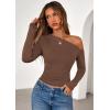 imagePRETTYGARDEN Womens Off Shoulder Long Sleeve Shirts 2026 Fall Ruched Fitted Asymmetrical Going Out Tops Trendy Y2K ClothesBrown
