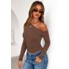 imagePRETTYGARDEN Womens Off Shoulder Long Sleeve Shirts 2026 Fall Ruched Fitted Asymmetrical Going Out Tops Trendy Y2K ClothesBrown