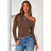 imagePRETTYGARDEN Womens Off Shoulder Long Sleeve Shirts 2026 Fall Ruched Fitted Asymmetrical Going Out Tops Trendy Y2K ClothesBrown