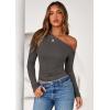 imagePRETTYGARDEN Womens Off Shoulder Long Sleeve Shirts 2026 Fall Ruched Fitted Asymmetrical Going Out Tops Trendy Y2K ClothesDark Grey