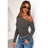 imagePRETTYGARDEN Womens Off Shoulder Long Sleeve Shirts 2026 Fall Ruched Fitted Asymmetrical Going Out Tops Trendy Y2K ClothesDark Grey