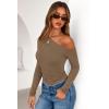 imagePRETTYGARDEN Womens Off Shoulder Long Sleeve Shirts 2026 Fall Ruched Fitted Asymmetrical Going Out Tops Trendy Y2K ClothesKhaki