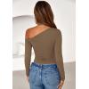 imagePRETTYGARDEN Womens Off Shoulder Long Sleeve Shirts 2026 Fall Ruched Fitted Asymmetrical Going Out Tops Trendy Y2K ClothesKhaki