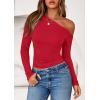 imagePRETTYGARDEN Womens Off Shoulder Long Sleeve Shirts 2026 Fall Ruched Fitted Asymmetrical Going Out Tops Trendy Y2K ClothesRed