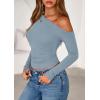 imagePRETTYGARDEN Womens Off Shoulder Long Sleeve Shirts 2026 Fall Ruched Fitted Asymmetrical Going Out Tops Trendy Y2K ClothesSky Blue