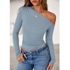 imagePRETTYGARDEN Womens Off Shoulder Long Sleeve Shirts 2026 Fall Ruched Fitted Asymmetrical Going Out Tops Trendy Y2K ClothesSky Blue